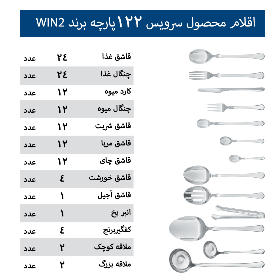 سرویس قاشق و چنگال 122 پارچه 24 نفره Win2 کد 001 9 سرویس قاشق و چنگال 122 پارچه 24 نفره Win2 کد 001
