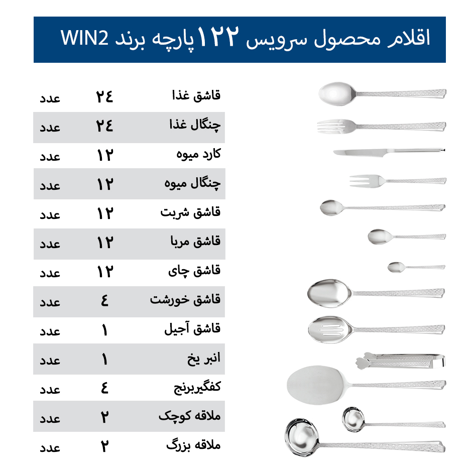 سرویس قاشق و چنگال 122 پارچه 24 نفره Win2 کد 007 3 سرویس قاشق و چنگال 122 پارچه 24 نفره Win2 کد 007